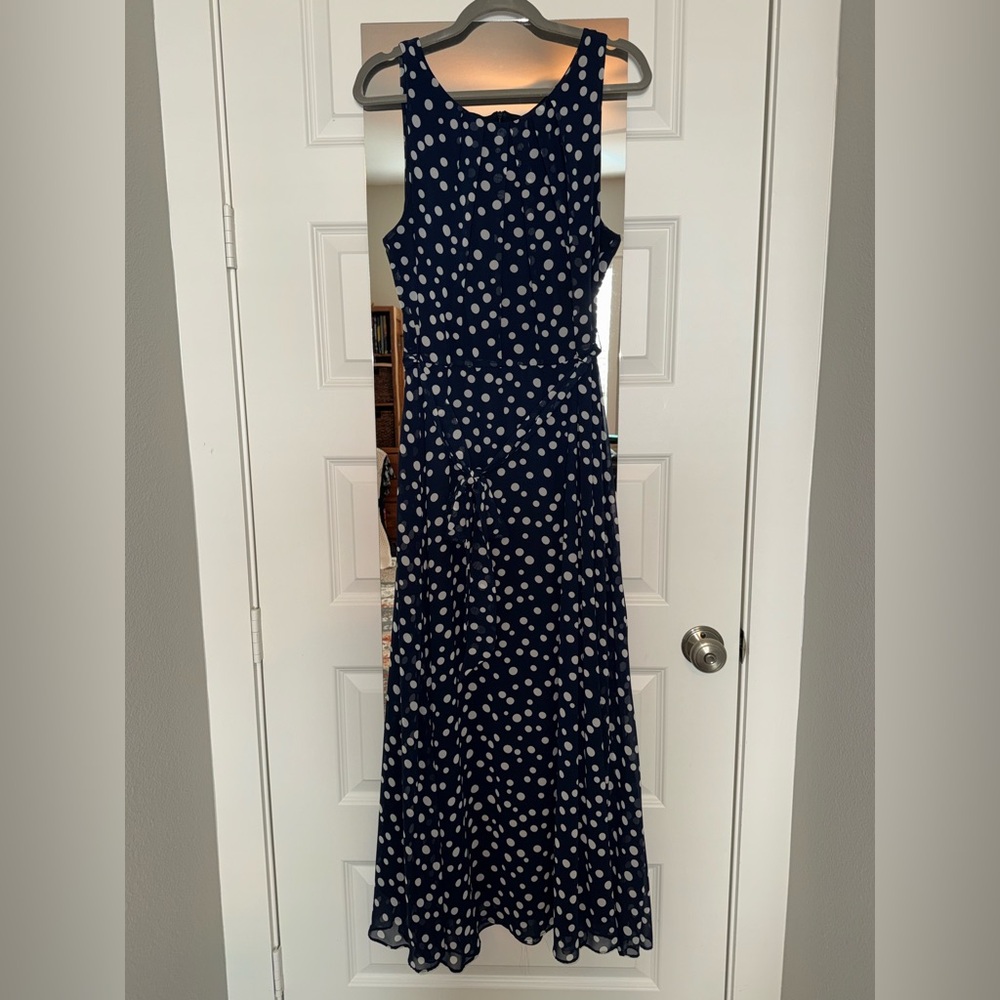 R&K Chiffon Maxi Dress - Navy Blue with White Polkadots - 18